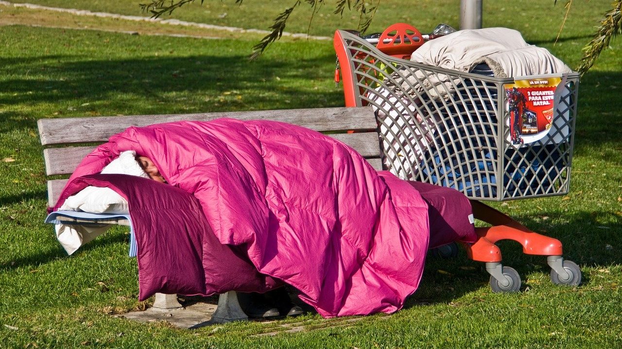 Person sleeping in pink sleeping bag on bench